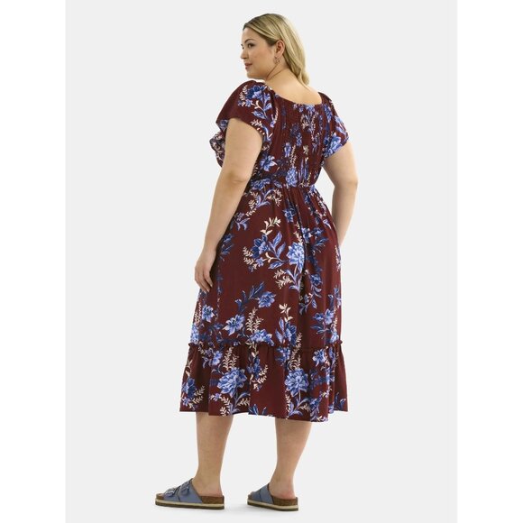 Terra & Sky Women's Plus Flutter Sleeve Midi Tiered Dress Maroon Floral Size 3X - Picture 5 of 15
